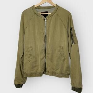 Sanctuary Pilot Bomber Jacket Large Safari Green Full Zip Linen Blend Zip Pocket
